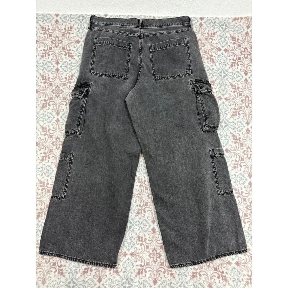 Old Navy Drapey Denim Baggy Wide Leg Cargo Jeans Washed Black Gray Size 12 Cotto